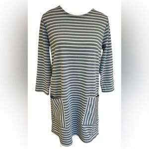 Abercrombie & Fitch Green Striped Dress 3/4 Sleeve Scoop Neck Above Knee- Sz Med